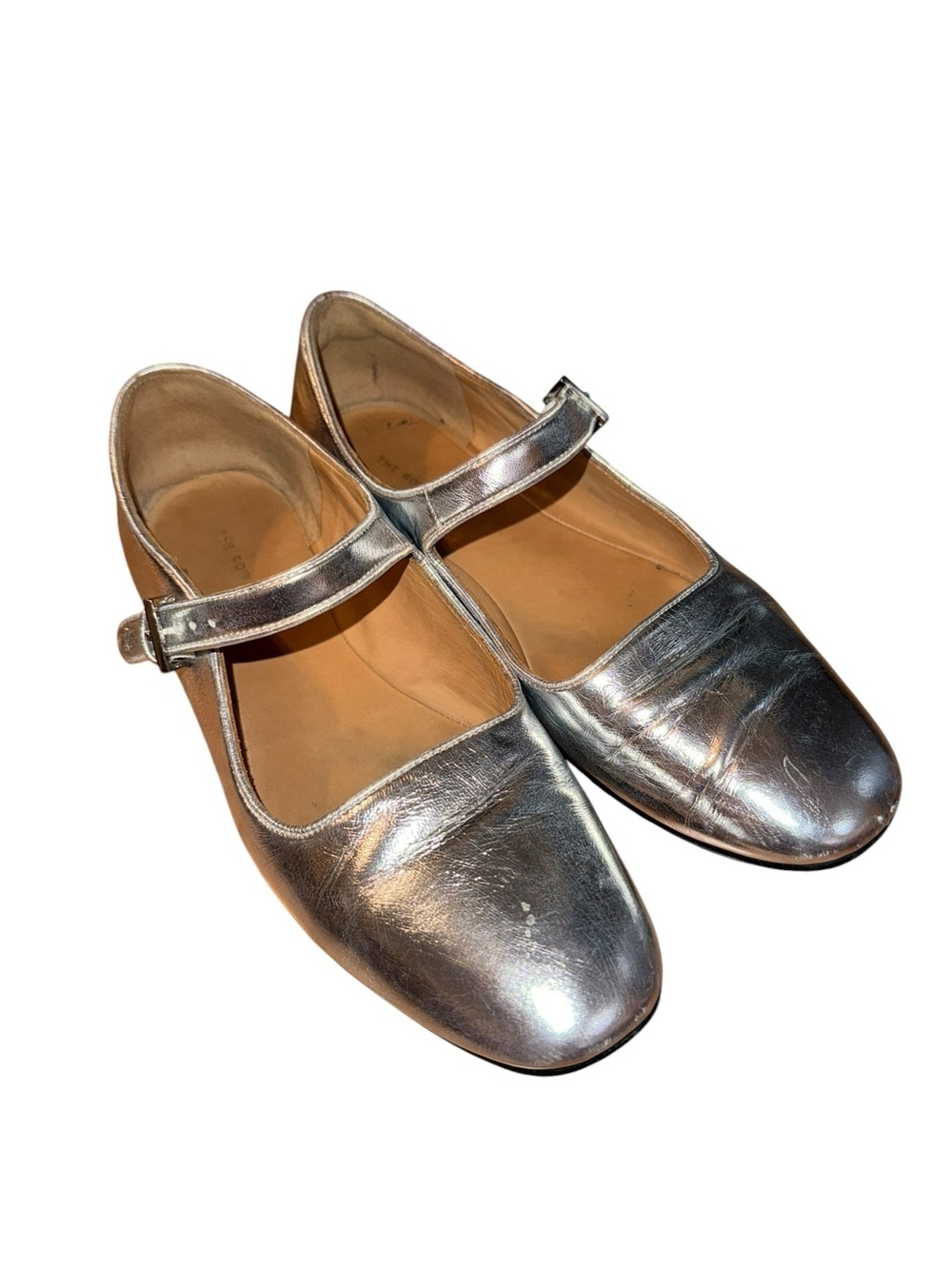 The Row Silver Metallic Leather Mary Jane Flats RARE EU 37 US 7
